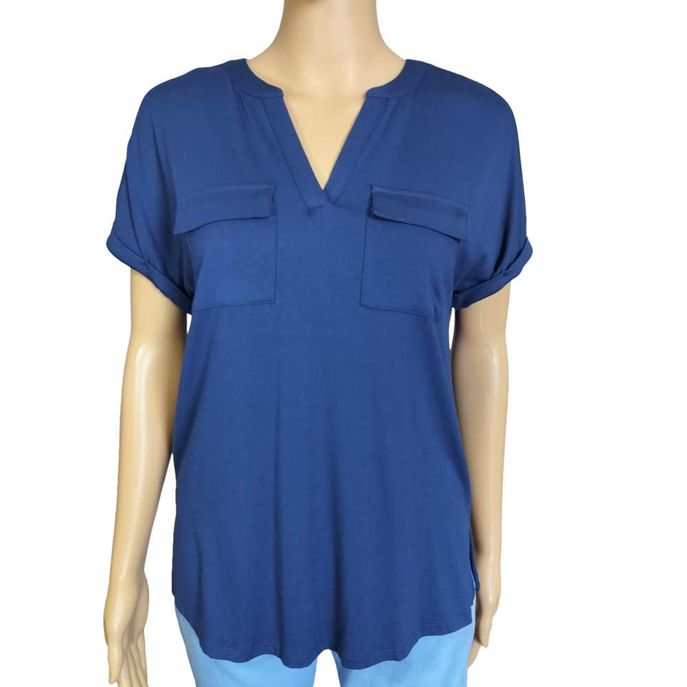 Style & Co Blue Cuffed Sleeve Mandarin Collar Blouse